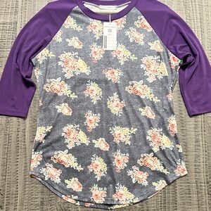 Floral Print Raglan Sleeve Top in Purple and Gray